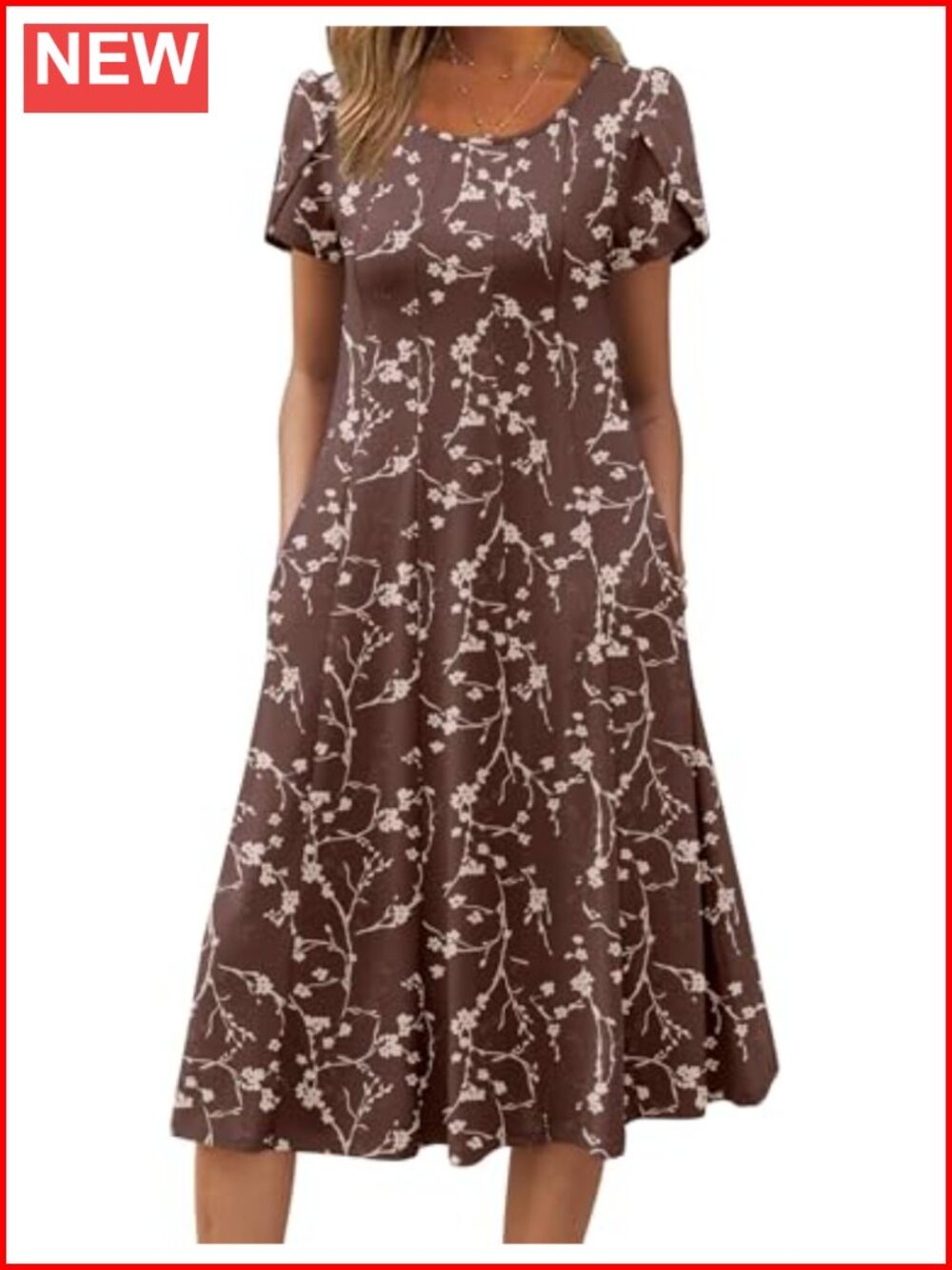 Womens Casual Flare Midi Dress Short Sleeve Pleated A-Line Beach Sundress with
